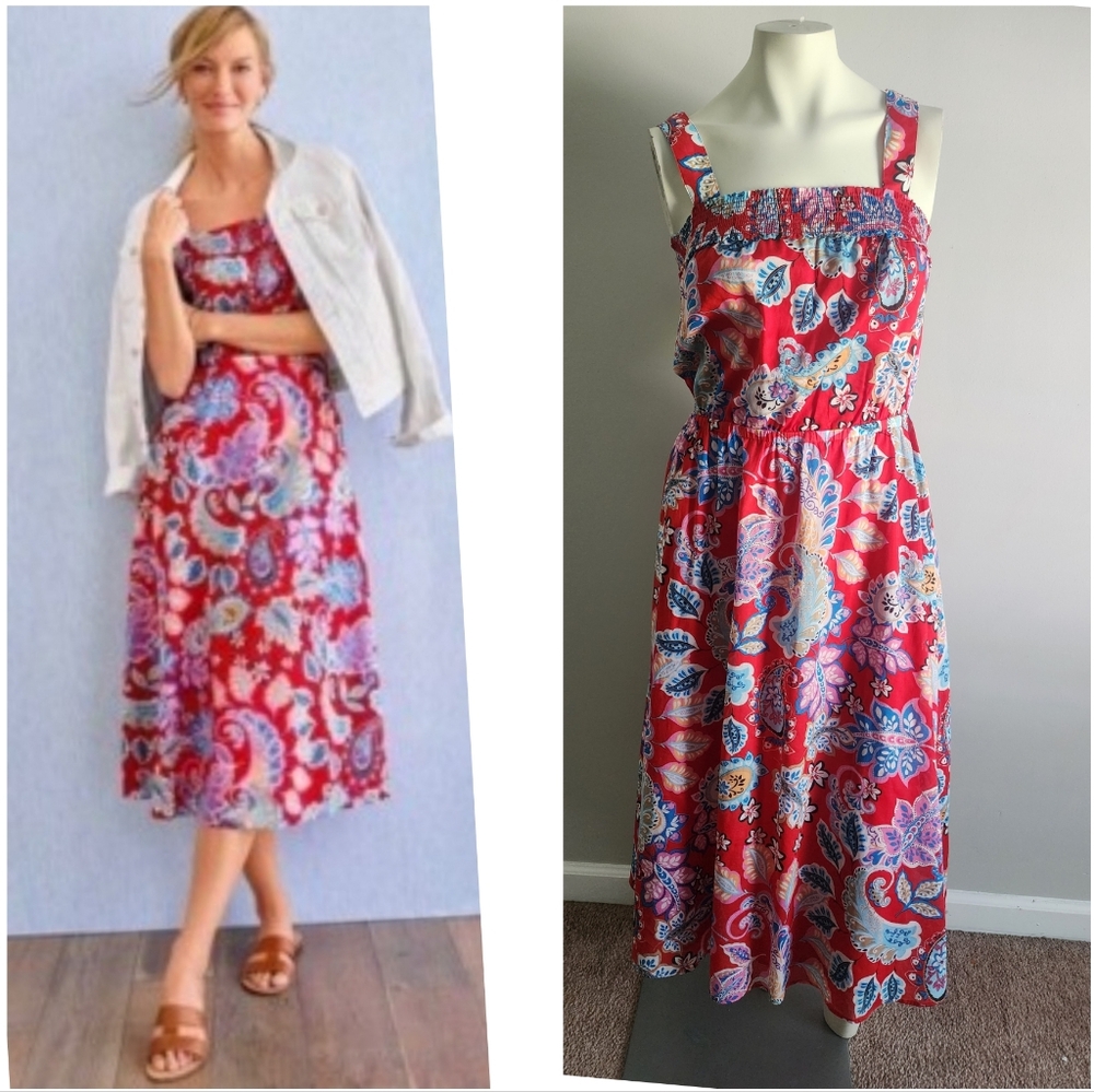 Talbots Fantastic Paisley Fit & Flare 100% Cotton red Midi Dress Womens  8 boho